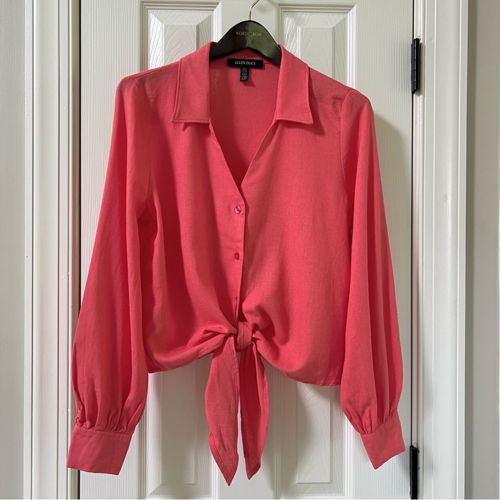Ellen Tracy Long Sleeve Button Down Linen Blend Top tie Waist NWT Coral Size S